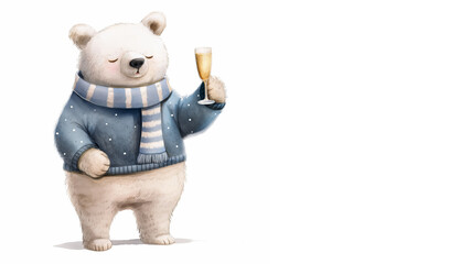 Cartoon bear wearing a blue sweater and striped scarf, holding a glass of champagne, for New year.