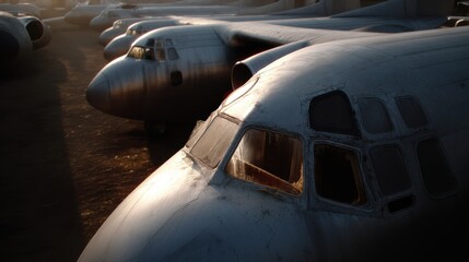 Decommissioned aircraft in boneyard with weathered fuselage at sunset
