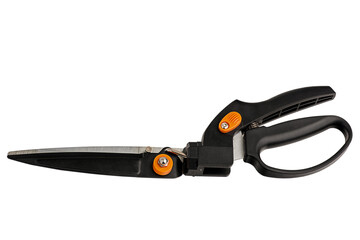 Black and orange grass shears. Garden tool.