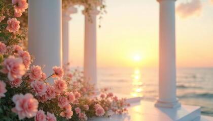 Golden sunrise paints calm ocean waves in warm hues. Soft pink floral foreground blooms near white columns. Tranquil seaside setting evokes peacefulness and natural beauty.