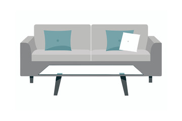 Contemporary Grey Sofa With Throw Pillows And Glass Table