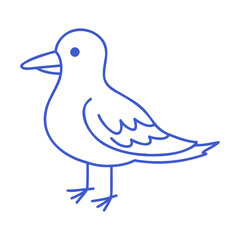 Seagull standing on legs in marine blue line art style. Hand drawn marine icon. Outline vector isolated illustration