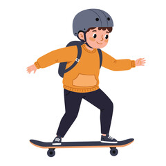 Obraz premium Young boy riding skateboard and smiling while wearing a helmet, white background, isolated, vector 