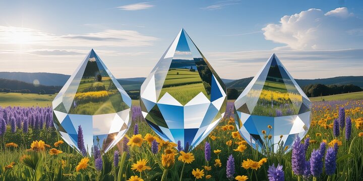 Crystal Prism Drops on Wildflower Meadow at Sunrise, Nature Reflections, Spring Landscape, Vibrant Colors, Conceptual Nature Art