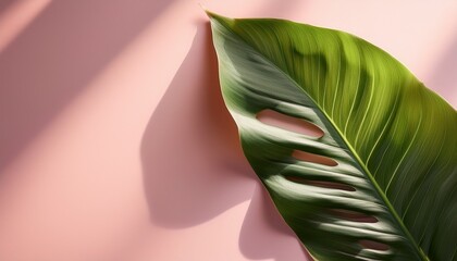 Obraz premium lush tropical leaf on soft pink background with gentle light shadows