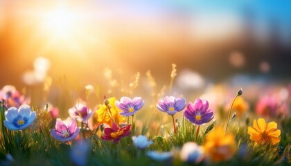 bright spring flowers growing in a sunny meadow