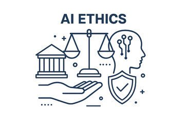 AI ethics and responsible artificial intelligence governance concept. Fair, safe, and legal use of technology. Machine learning morality, principles, and data protection banner.