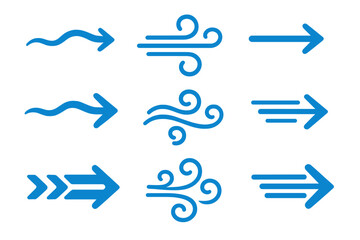 Wind icon collection. Blue arrows showing air flow direction. Weather blow sign. Breeze and stream circulation symbol set. Cold wave motion graphic. Fresh climate element.