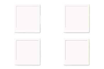 Set of empty white photo frames. Realistic instant photo card mockup with soft shadows. Blank square picture border for gallery, collage, or memory. Vector illustration.