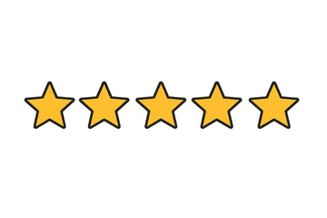 Five stars rating icon for product quality review. Customer satisfaction and feedback symbol. Excellent service and user experience concept. Golden star shape vector sign.