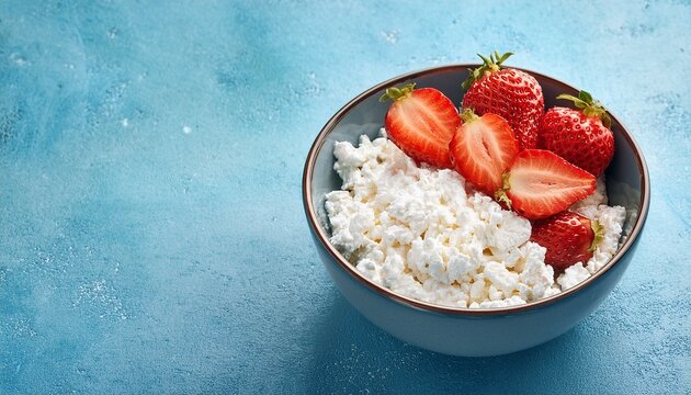 bowl of cottage cheese and sliced strawberries on blue textured background