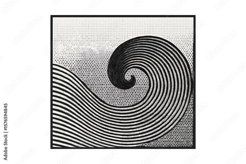 Aufkleber abstract spiral wave lines in square frame. halftone dots pattern. modern black and white geometric 