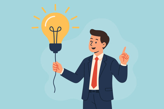 Businessman cartoon character with bright lightbulb idea. Concept of helpful business tips, useful suggestions, smart tricks for success, and advice for improvement. New innovation.