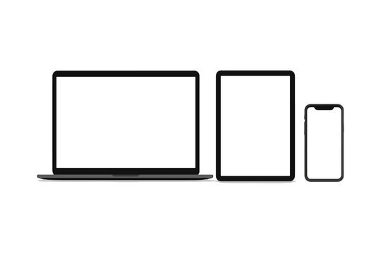 Laptop, Tablet, Smartphone Mockup Front View. Black Digital Devices Blank Screen. Modern Technology Display Set. Isolated Electronic Gadgets Template. Transparent Background Vector Illustration.