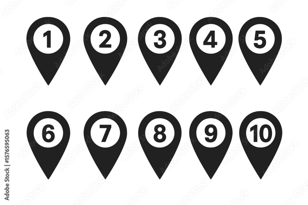 Poster numbered location pin icon set. map marker pointer collection. black geolocation symbol. navigation,