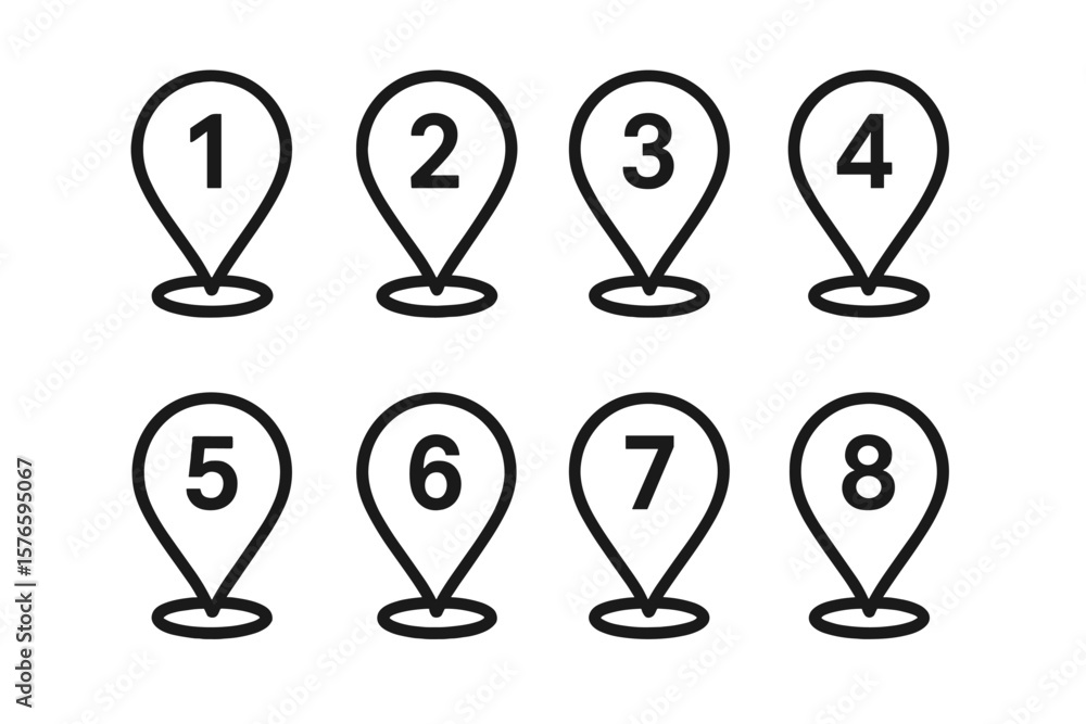 Poster numbered location pin icons set. map marker pointer collection. gps navigation symbols. route planni