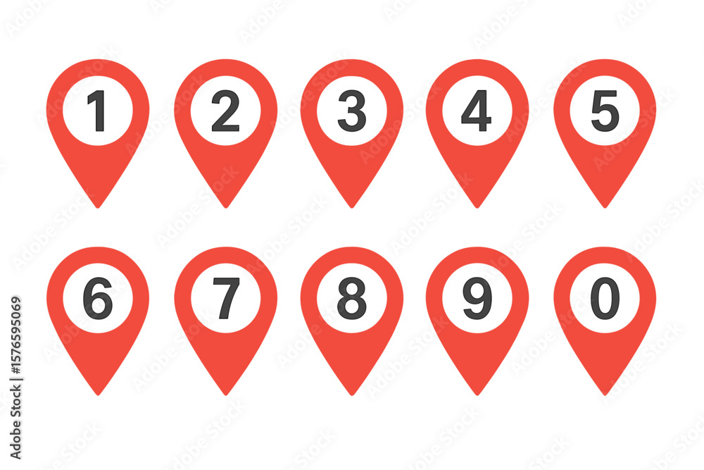 Poster red location pin map marker set with numbers 0-9, navigation pointer icons, gps tag, geolocation sym