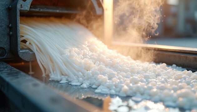 Illustration shows molten plastic strands extruding from machine, cooling in water. Recycled material forms granules for industry. Focus on industrial process, plastic processing, manufacturing,