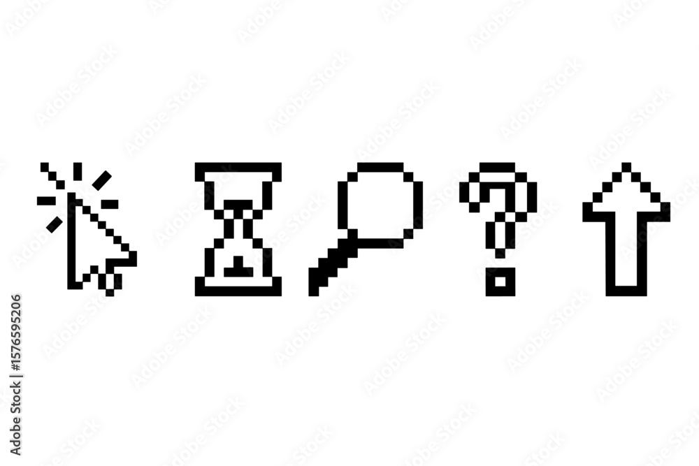 Poster pixel art cursor icon set. mouse click pointer, hourglass loading, magnifier search, question mark h