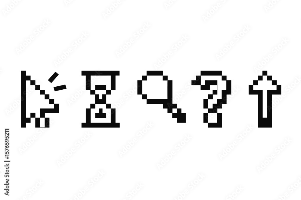 Poster pixel mouse cursor icon set. retro 8-bit computer pointer, click arrow, hourglass loading, magnifyin