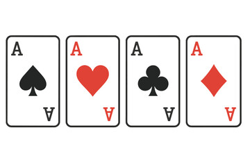 Four Aces Playing Cards Set. Ace of Spades, Hearts, Clubs, Diamonds. Card Suit Symbols. Poker, Casino, Gambling, Game Night, Vector Illustration. Isolated Transparent Background.