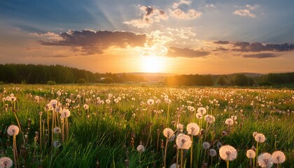 summer meadow with dandelions and fog on the background of fog
