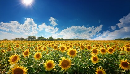 sunflowers blooming vibrantly in a field under a bright summer sun surrounded by a clear blue sky dotted with fluffy clouds