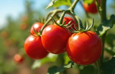 Ripe red tomatoes grow on vines in a sunny agricultural field. Fresh produce ready for summer harvest. Healthy organic vegetables are juicy and natural, representing nature bounty and nourishment.