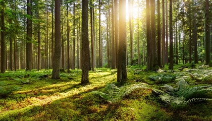 tall pine trees in a vibrant forest with sunbeams shining through lush moss and ferns cover the forest floor natural landscape background ai generative