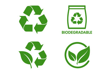 Green Recycle Symbol Set. Biodegradable Recyclable Plastic Packaging Icon. Eco-Friendly Leaves Recycle Label Logo. Sustainable Resources, Green Leaf, Environmental Conservation, Waste Reduction