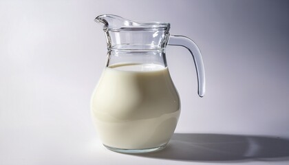 the image shows a glass jug filled with milk placed on a plain white background
