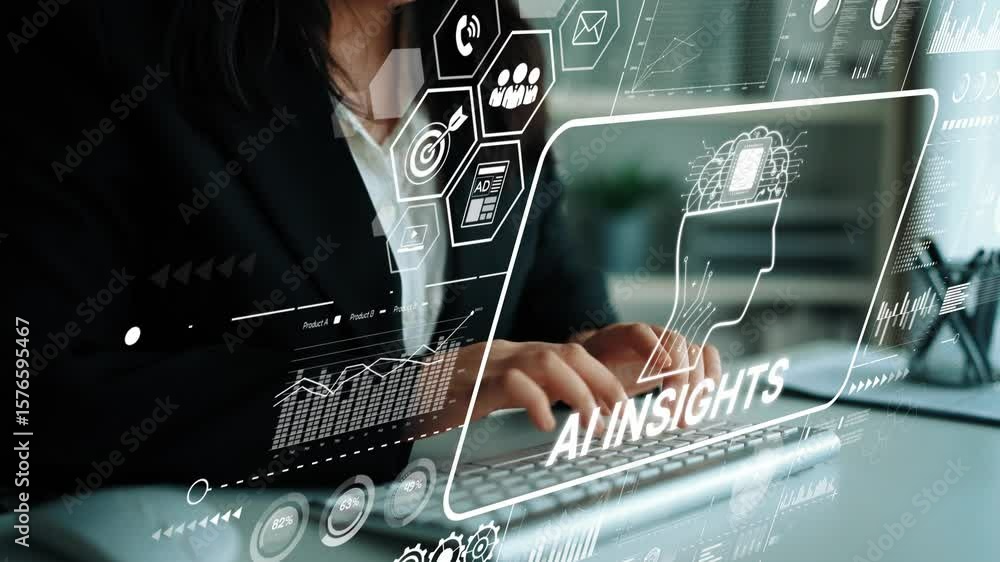 Poster businesswoman engaging with innovative data visualization technology on computer with insights and a