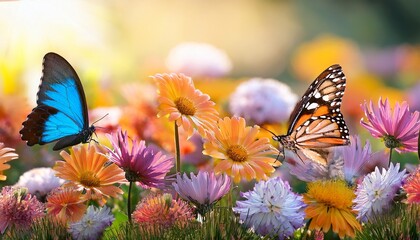 vibrant butterflies among blooming spring flowers
