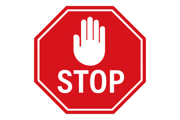 Red Octagon Stop Sign with White Hand Symbol, Do Not Enter Warning, Traffic Control, Road Safety, Caution Sign, Vector Illustration, Isolated Transparent Background