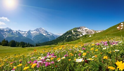 vibrant wildflowers bloom in a misty mountain meadow at sunset