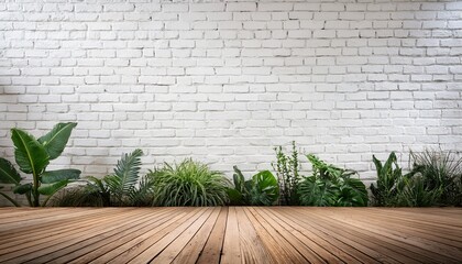 white brick wall with wooden floor and plants
