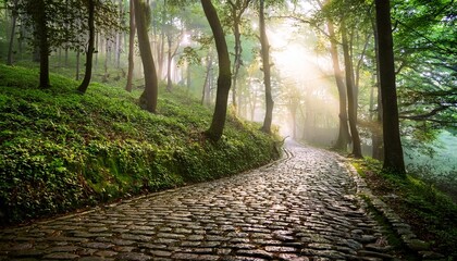 winding cobblestone path in a misty green forest with light shining through trees creates a serene and atmospheric scene