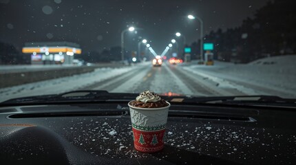 A steaming hot cup of rich, dark chocolate topped with a dollop of whipped cream in a crinkled, white paper cup with a red and green holiday pattern, sitting on the worn, black dashboard of a car park
