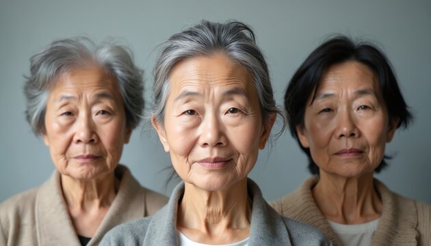 Three Asian elderly women portrait, neutral expressions. One has gray hair and wears a gray jacket, another gray hair, light brown jacket, third black hair, beige cardigan. Gray studio background.