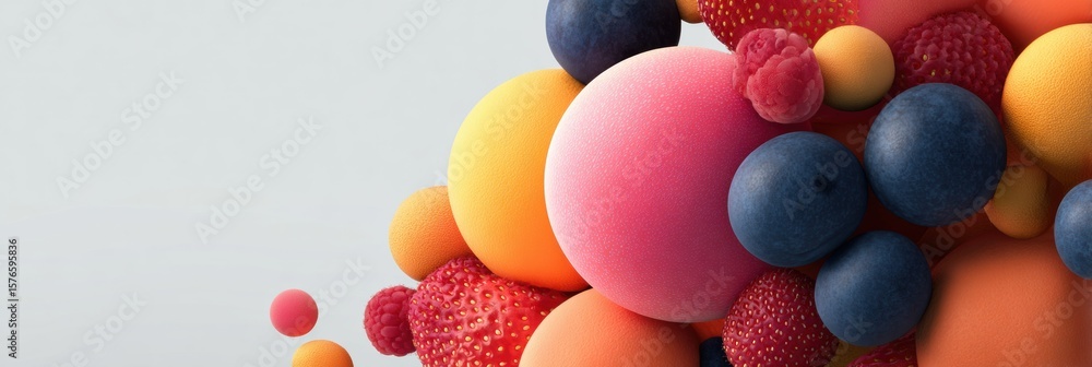 Poster visual exploration of abstract fruit spheres in a minimalist composition with a blank right margin f