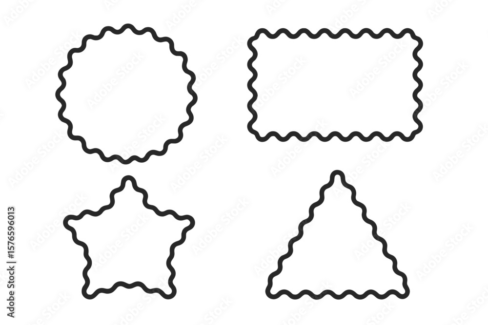 Poster wavy circle, rectangle, star, triangle shape set. squiggly borders, scalloped wavy frames. abstract 