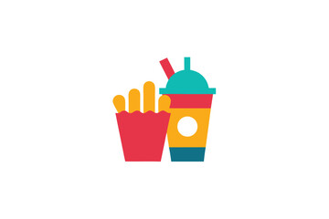 French Fries And Bubble Tea Colorful Icon On White