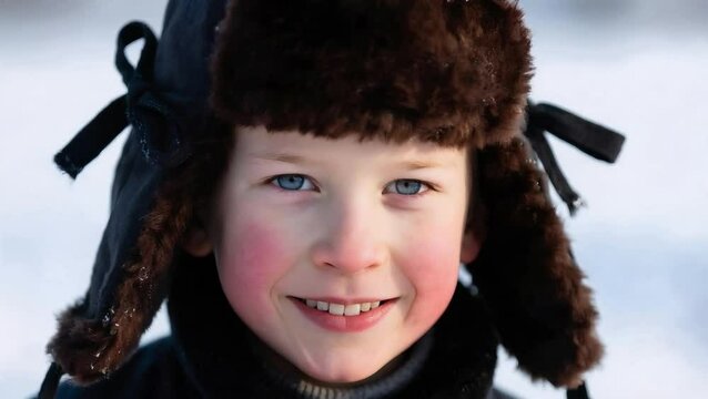 Close-up de un niño llevando un gorro Ushanka