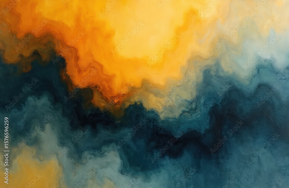 Poster abstract watercolor texture background with flowing waves of dark yellow, deep blue colors. artwork 
