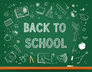 Flat lay view of chalkboard design with white hand-sketched icons including books, school supplies, Back to School text, and formula symbols in artistic style
