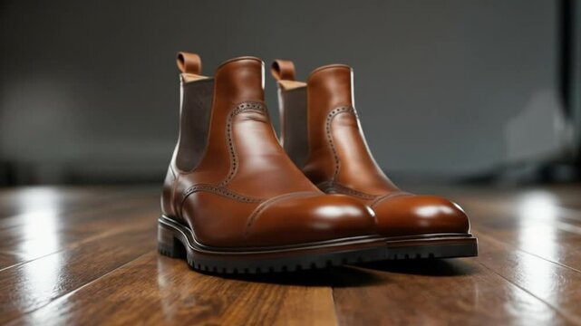 Close-up extremo de un par de flamantes botas de cuero marrón para hombre