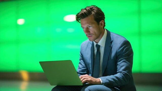 Businessman Suit Working Laptop, Professional Modern Technology, Green Background, Focused Male Adult Office Workspace, Digital Corporate Communication, Confident Formal Concentration Entrepreneur