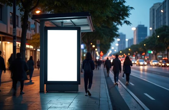 Vertical advertising poster mockup at city centre bus stop shelter by main road. Out-of-home OOH billboard media display space with out-of-focus people. Visibility for marketing campaigns.