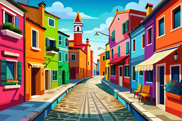 Fototapeta premium vector of A street with colorful buildings on the island of Burano, Venice, Italy. Beautiful architecture and signs of Venice.