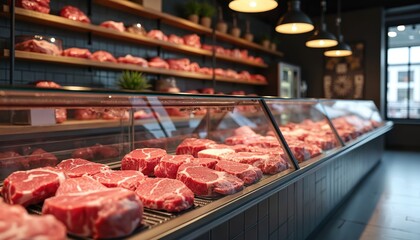 Modern meat market with well-organized displays, clean interior. Butcher shop has glass case with steak, ribs, neat grid pattern. Natural light illuminates interior. Shelves stacked in background.